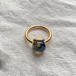 Темно-оливково-зеленый Квадратный 304 нержавеющая сталь со стеклянными кольцами для пальцев, золотые, темно-оливковый зеленый, 10 мм, размер США 7 (17.3 мм)