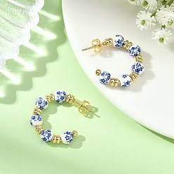 Golden Brass Stud Earrings for Women, Handmade Porcelain Beads Stud Earrings, Half Hoop Earrings, Golden, 26.5x6mm