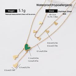 Green Elegant 304 Stainless Steel Resin Heart Pendant Double Layer Necklaces for Women, Golden, Green, 15.75 inch(40cm)