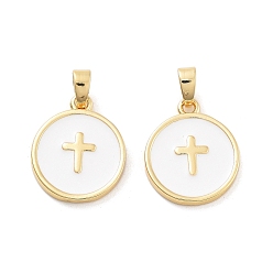 Белый Подвески из латуни с эмалью в стойку, без кадмия и без свинца, долговечный, реальный 18 k позолоченный, плоский круглый с подвеской в виде креста, белые, 16.5x14x2 мм, отверстие : 5x2 мм