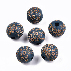 Морской Синий Расписные бусы из натурального дерева, лазерная гравировка, круглый с леопардовым принтом, Marine Blue, 15~16x15 мм, отверстие : 4 мм