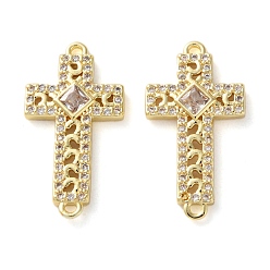 Прозрачный Стойка покрытие латунь кубический цирконий религия крест соединительный шарм, долговечный, без свинца и без кадмия, реальный 18 k позолоченный, прозрачные, 24x12.5x2.5 мм, отверстие : 1.2 мм