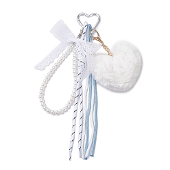 Белый Подвесные украшения из искусственного жемчуга в виде плюшевого сердца, полиэстеровых веревок и АБС-пластика, с алюминиевыми застежками в форме сердца, белые, 300 мм