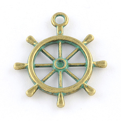 Antique Bronze & Green Patina Helm Zinc Alloy Pendant Rhinestone Settings, Cadmium Free & Nickel Free & Lead Free, Antique Bronze & Green Patina, 28x25x2.5mm, Hole: 2mm, Fit for 2mm Rhinestone