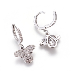 Platinum Brass Cubic Zirconia Hoop Earrings, Dangle Earrings, Bees, Clear, Platinum, 32mm, Pendant: 17.5x17x4mm, Pin: 1mm