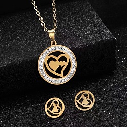 Сердце Кольцо 201 ожерелья и серьги-гвоздики из нержавеющей стали с кристаллами и стразами, золотые, сердце, 450 мм