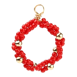 Red Seed Beads Pendants, with Brass Beads and Eco-Friendly Copper Wire, Real 18K Gold Plated, Red, 26~27x21~22x3~4mm, Hole: 3mm