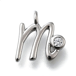 Letter M Латунные микро проложить кубического циркония подвески, письмо амулеты, стойки покрытие, долговечный, без кадмия и без свинца, Буква М, 11.5x10x2 мм, отверстие : 1.6 мм
