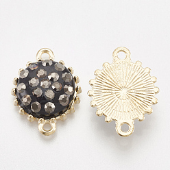 Black Diamond Alloy Links connectors, with Polymer Clay Rhinestone, Flat Round, Light Gold, Black Diamond, 19x14.5x5mm, Hole: 1.5mm