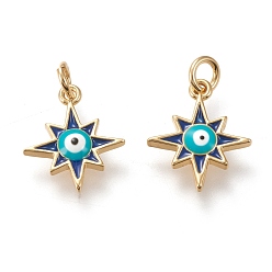 Golden Brass Charms, Cadmium Free & Lead Free, with Enamel and Jump Rings, Long-Lasting Plated, Star with Evil Eye, Blue, Golden, 13.5x11.5x2.3mm, Hole: 2.8mm