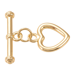 Real 18K Gold Plated Brass Toggle Clasps, Long-Lasting Plated, Heart & Bar, Real 18K Gold Plated, Heart: 14x11x1.7mm, Hole: 1.8mm, Bar: 20x6x3mm, Hole: 1.8mm, 10sets/box