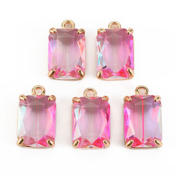 Hot Pink Transparent Glass Pendants, with Brass Prong Settings, Faceted, Rectangle, Light Gold, Hot Pink, 17x10x5.5mm, Hole: 1.6mm