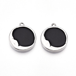 Черный 304 подвески из нержавеющей стали, с эмалью, плоская круглая с лунными подвесками, цвет нержавеющей стали, чёрные, 21x18x2~3 мм, отверстие : 1.4~1.5 мм