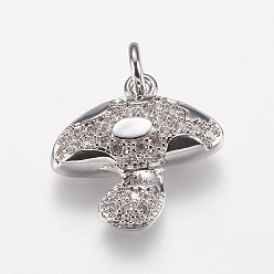 Platinum Brass Micro Pave Cubic Zirconia Pendants, Mushroom, Platinum, 16x16x3.5mm, Hole: 3mm