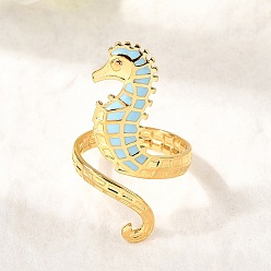 Sea Horse Океанская тема 304 кольца-манжеты из нержавеющей стали и эмали для женщин, реальный 18 k позолоченный, морской конек, 34.5 мм, размер США 7 1/4 (17.5 мм)