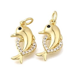 Настоящее золото 18K Латунные микро проложить кубического циркония подвески, прелести дельфинов, стойки покрытие, прочное покрытие, без кадмия и без свинца, с целью перехода в кольце, реальный 18 k позолоченный, 16.5x9.5x2.5 мм, отверстие : 3 мм