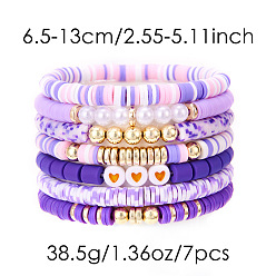 Средняя Орхидея 7 Набор эластичных браслетов для женщин с узором в виде сердечек из полимерной глины, пластиковых бусин и жемчуга, а также пластиковых бусин CCB., средне орхидеи, внутренний диаметр: 2.56~5.12 дюйм (6.5~13 см)