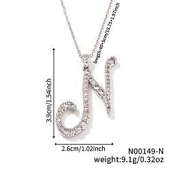 Letter N Элегантные модные латунные ожерелья с подвесками в виде алфавита из микропаве из прозрачных кубических цирконий, серебряный цвет гальваническим, Письмо N, 15.75 дюйм (40 см)