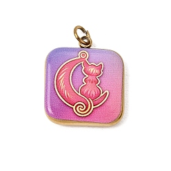 Violet Printed 304 Stainless Steel Pendants, Square with Cat Shape & Moon Charms, Ion Plating(IP), Long-Lasting Plated, Golden, Violet, 16.5x14x3mm, Hole: 2.5mm