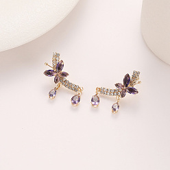 Фиолетовый Серьги-гвоздики из сплава и кубического циркония, бабочка со слезой, золотые, фиолетовые, 39x14 мм