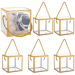 Золотистый Складные прозрачные упаковочные коробки из ПВХ с горячим тиснением, с ручками из полиэстеровой веревки, квадратный, золотые, 12.1x12.1x12.1 см