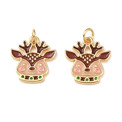 Олень Рождественские латунные эмалевые подвески, с прыжковых колец, без свинца и без кадмия, долговечный, стойки покрытие, реальный 18 k позолоченный, олень, 17x16x2 мм, отверстие : 3 мм