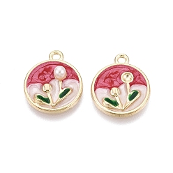 Светло-Вишневый Подвески из эмали и сплава, плоские круглые и цветочные подвески, с ABS имитации жемчуга, золотой свет, светло-вишневый, 19.5x16.5x4.5 мм, отверстие : 1.8 мм