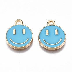 Deep Sky Blue Alloy Enamel Charms, Cadmium Free & Lead Free, Smiling Face, Light Gold, Deep Sky Blue, 14.5x12x1.5mm, Hole: 1.5mm