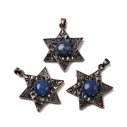 Ляпис-Лазурь Подвески из окрашенного натурального лазурита в виде звезды Давида, с винтажной латунной рамкой красного медного оттенка, 33.5~34x25.5x7.5 мм, отверстие : 5x3 мм