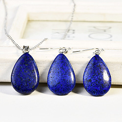 Ляпис-Лазурь Ожерелья и серьги-подвески в форме капли из натурального лазурита, сплав ювелирных изделий, платина, 410 мм