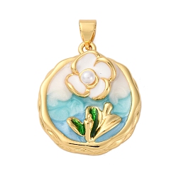Плоский Круглый Подвески из латуни с цветочной эмалью, с абс пластмассовой имитационной жемчужиной, без кадмия и без свинца, реальный 18 k позолоченный, стойки покрытие, долговечный, плоско-круглые, 23x20x7.5 мм, отверстие : 3.5x4.5 мм