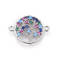 Platinum Brass Micro Pave Cubic Zirconia Links, Flat Round with Tree of Life, Colorful, Platinum, 14.5~15x19.5~21x2.5mm, Hole: 1.2mm