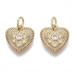 Real 18K Gold Plated Brass Micro Pave Clear Cubic Zirconia Charms, Heart, Nickel Free,  for Valentine's Day, Real 18K Gold Plated, 12.5x12x2mm, Jump Ring: 5x0.8mm, Inner Diameter: 3mm