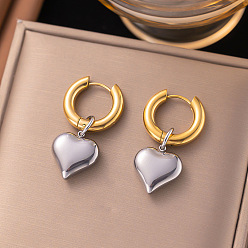 Золотой & Цвет Нержавеющей Стали 304 двухцветные серьги-кольца в форме сердца из нержавеющей стали, золотые и нержавеющая сталь цвет, 38.5x15 мм