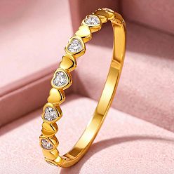 Golden 304 Stainless Steel Pave Clear Cubic Zirconia Hinged Cuff Bangles for Women, Heart, Golden, Inner Diameter: 2.36 inch(6cm)