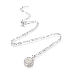 Letter H Brass Initial Pendant Necklaces, with Shell, Cubic Zirconia and 304 Stainless Steel Cable Chains, Flat Round with Letter, Letter.H, 17.5 inch(44.5cm), 1.5mm