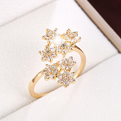 Golden Brass Micro Pave Cubic Zirconia Cuff Open Rings for Women, Flower, Golden, 15~20mm