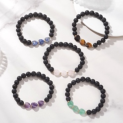 Смешанные камни Браслеты из натуральных смешанных драгоценных камней для женщин, сердце и круглый, с 304 из нержавеющей стали бусы, золотые, бусины : 8 мм и 10x10x5 мм, внутренний диаметр: 2.17 дюйм (5.5 см)