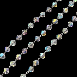 Нержавеющая Сталь Цвет Стеклянные биконусные цепочки из бисера, с 304 кабельными цепочками из нержавеющей стали, пайки, с катушкой, цвет нержавеющей стали, 2x1.2x0.1 мм, 4x3.5 мм