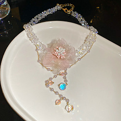 Pink 3d ткань цветок пластиковый жемчуг бусины кисточки колье колье для женщин, розовые, 13.78 дюйм (35 см)