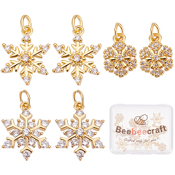 Chapado en Oro Real 18K 12 pcs 3 colgantes de circonita cúbica transparentes micro pavé de latón estilo, copo de nieve, real 18 k chapado en oro, 13~17.2x9~17x2~4 mm, agujero: 3~3.5 mm, 4 piezas / estilo