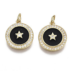 Черный Латунные микро проложить кубического циркония подвески, с эмалью и кольцом для прыжков, без никеля , плоские круглые со звездой, реальный 16 k позолоченный, чёрные, 16x14x2 мм, Отверстие: 3 мм, кольцо прыгать: 5x1 мм, 3 мм внутренним диаметром