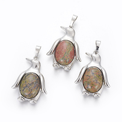 Унакит Природные подвески Unakite, с латунной фурнитурой , пингвин, платина, 34~35x24~25x5~8 мм, отверстие : 8x5 мм