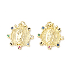 Разноцветный Стойка металлическая латунная микропрофилированная кубическая циркония подвески, реальный 18 k позолоченный, долговечный, плоские круглые с Девой Марией, красочный, 18.5x18x2.5 мм, Перейти кольцо: 4x0.8 мм, 2.4 мм внутренним диаметром