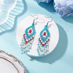 Синий Серьги-подвески в форме ромба из натурального апатита, с цилиндрическим бисером и стеклянным витым стеклярусом, платина, синие, 72x17 мм