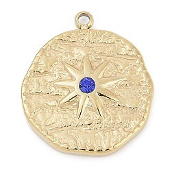Сапфир 304 из нержавеющей стали горный хрусталь подвески, реальный 14 k позолоченный, плоский круглый с шармом в виде звезды, сапфир, 18.5x16.5x3 мм, отверстие : 1.4 мм