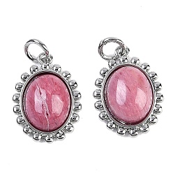 Родонит Овальные подвески из натурального родонита, латунные овальные подвески с соединительными кольцами, платина, 16x12x5 мм, отверстие : 3 мм