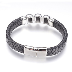 Antique Silver Leather Cord Bracelets, with 304 Stainless Steel Findings and Magnetic Clasps, Skull, Antique Silver, 8-7/8 inch(225mm)