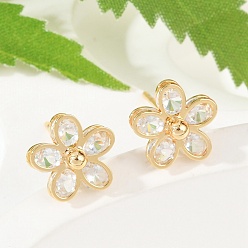 Настоящее золото 18K Латунные серьги, с кубического циркония, цветок, реальный 18 k позолоченный, 9x9 мм , штифт: 0.8 мм