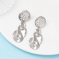 Нержавеющая Сталь Цвет 304 серьги-гвоздики в форме капли из нержавеющей стали с плоскими круглыми подвесками, кованый текстурированный, цвет нержавеющей стали, 47x16 мм